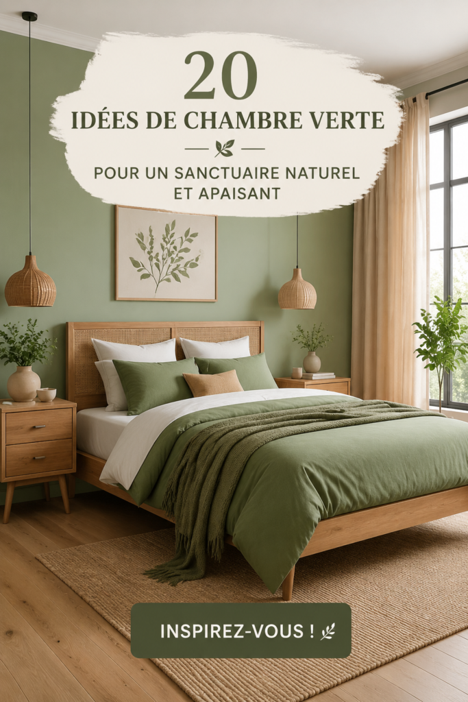 Une chambre décorée dans des tons de vert doux, créant une ambiance apaisante avec des plantes.