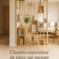 Claustra en bois moderne séparant un salon et une entrée dans un intérieur lumineux