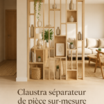 Claustra en bois moderne séparant un salon et une entrée dans un intérieur lumineux