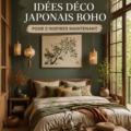 Chambre décorée dans un style boho japonais, mélange de nature et d'élégance.