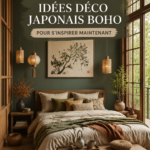 Chambre décorée dans un style boho japonais, mélange de nature et d'élégance.