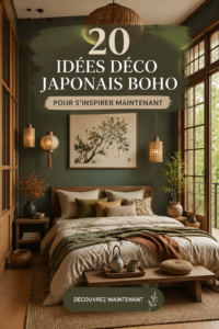 Chambre décorée dans un style boho japonais, mélange de nature et d'élégance.