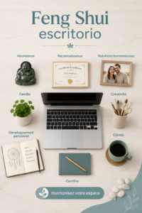 Bureau amenagé selon le Feng Shui avec plantes vertes et décorations apaisantes.