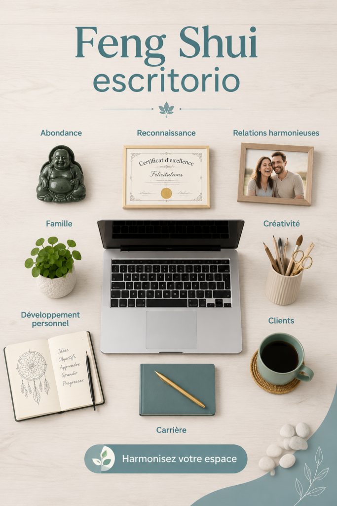 Bureau amenagé selon le Feng Shui avec plantes vertes et décorations apaisantes.