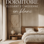 Chambre élégante et moderne décorée principalement en blanc.