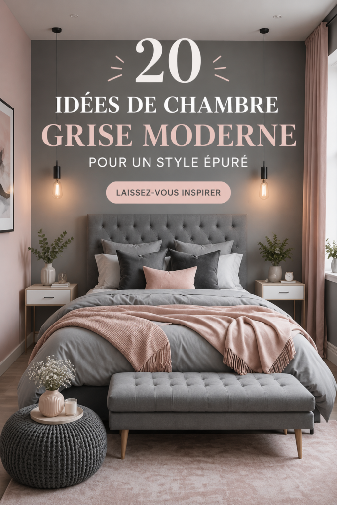 Chambre moderne décorée en gris avec des touches de couleurs douces.