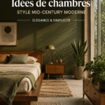 Chambre moderne au style mid-century avec des meubles aux lignes épurées et des couleurs chaudes