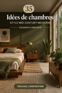 Chambre moderne au style mid-century avec des meubles aux lignes épurées et des couleurs chaudes