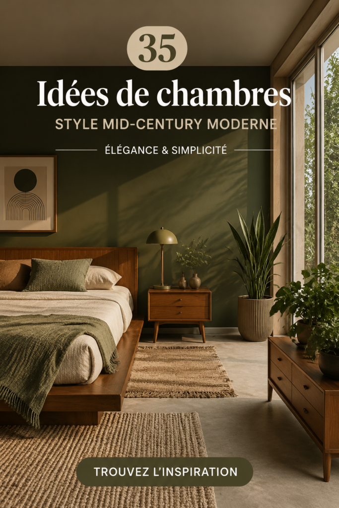 Chambre moderne au style mid-century avec des meubles aux lignes épurées et des couleurs chaudes