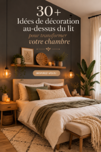 Déco au-dessus d'un lit avec des tableaux et des plantes