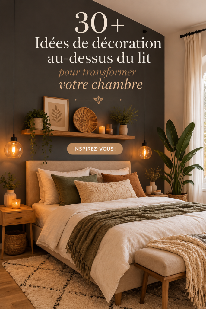 Déco au-dessus d'un lit avec des tableaux et des plantes