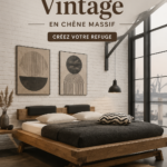 Un lit en chêne massif au style vintage dans une chambre chaleureuse.