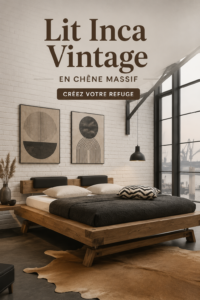 Un lit en chêne massif au style vintage dans une chambre chaleureuse.