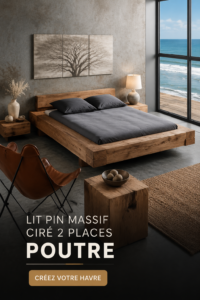 Lit pin massif ciré, élégant et chaleureux dans une chambre moderne