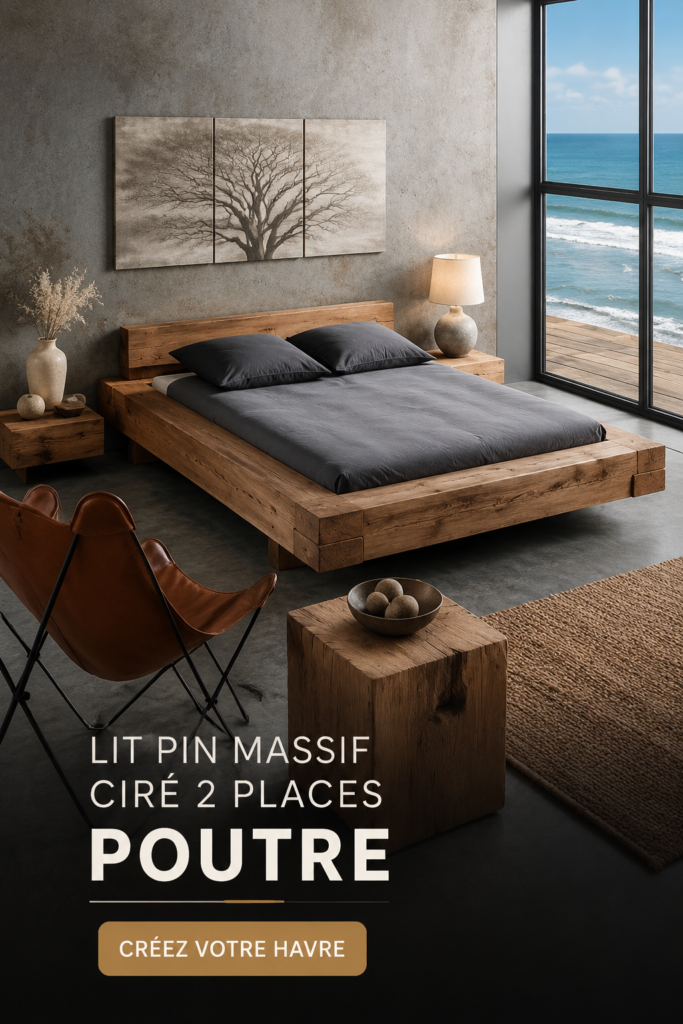 Lit pin massif ciré, élégant et chaleureux dans une chambre moderne