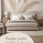 Intérieur élégant avec papier peint feuillage beige et mobilier coordonné.