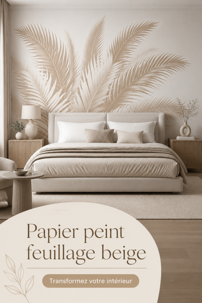 Intérieur élégant avec papier peint feuillage beige et mobilier coordonné.