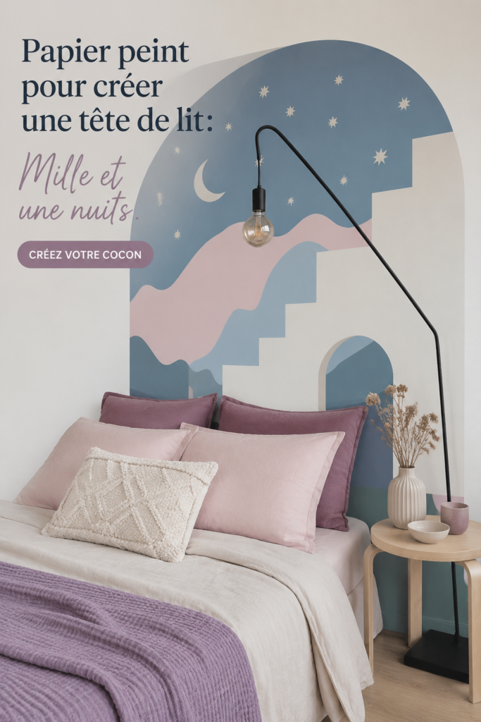 Tête de lit stylée réalisée avec du papier peint coloré et moderne