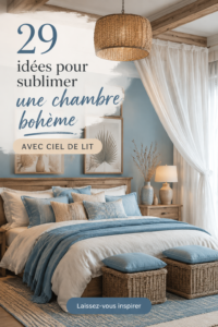 Chambre boho avec un lit à canopy et une décoration chaleureuse.