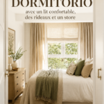 Chambre avec un lit confortable et des rideaux modernes, créant une atmosphère chaleureuse.