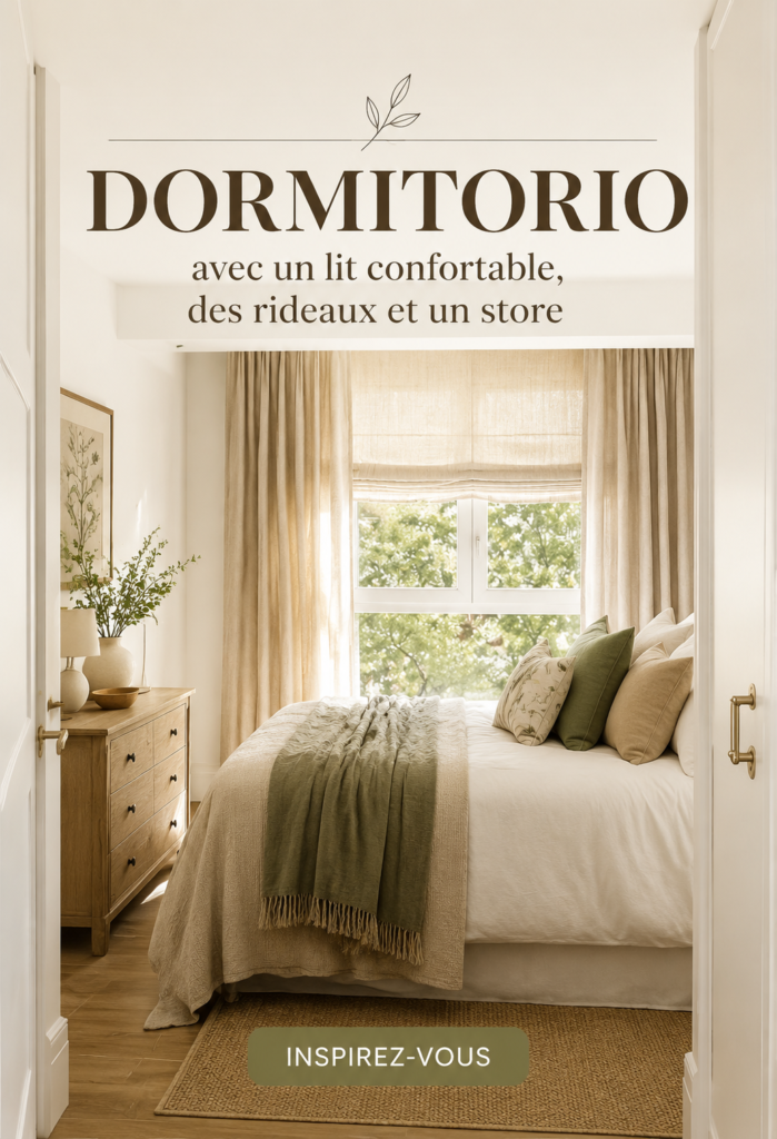 Chambre avec un lit confortable et des rideaux modernes, créant une atmosphère chaleureuse.