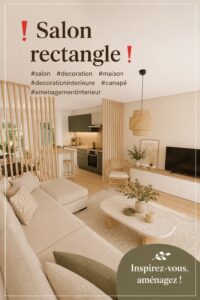 Salon rectangulaire bien aménagé avec des meubles modernes et lumineux