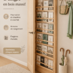 Armoire d'angle en bois massif dans un salon moderne, ajoutant une touche élégante.