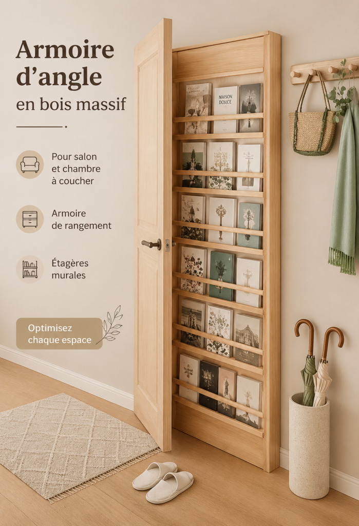 Armoire d'angle en bois massif dans un salon moderne, ajoutant une touche élégante.