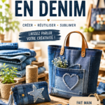 Un coussin en denim sur un canapé moderne, ajoutant une touche artisanale à la décoration intérieure.