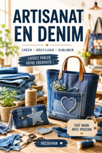 Un coussin en denim sur un canapé moderne, ajoutant une touche artisanale à la décoration intérieure.