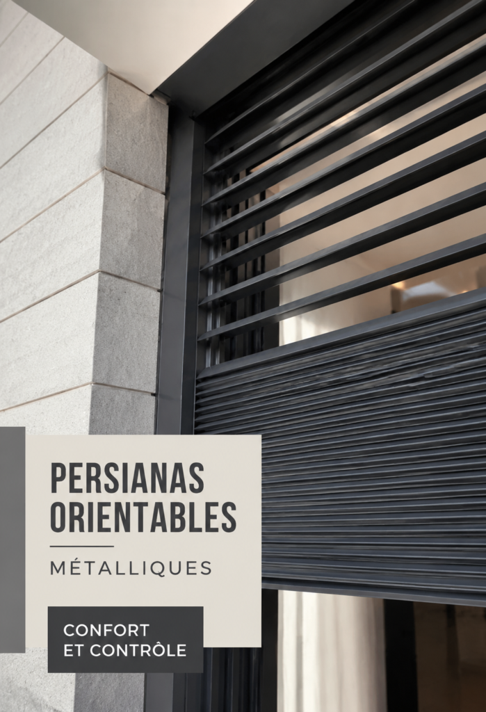 Persiennes orientables en métal dans un intérieur moderne, ajoutant élégance et fonctionnalité.
