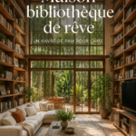 Une bibliothèque bien agencée avec des étagères en bois, un fauteuil confortable et un éclairage doux.