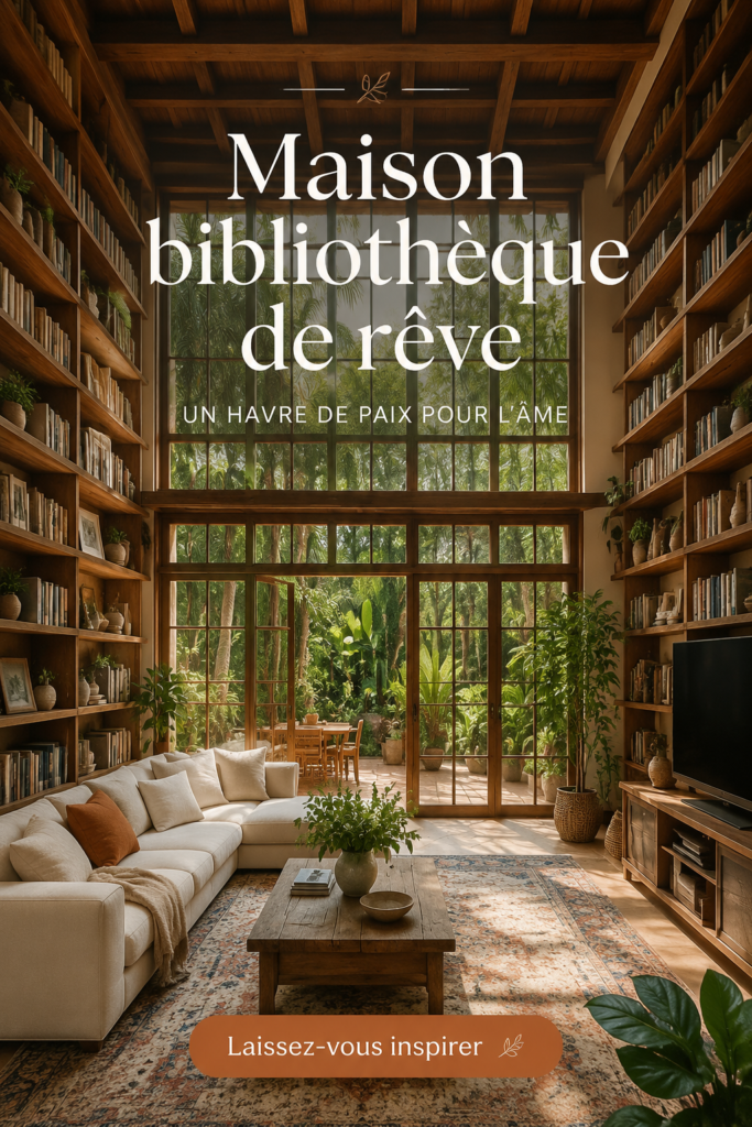 Une bibliothèque bien agencée avec des étagères en bois, un fauteuil confortable et un éclairage doux.
