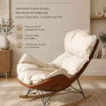 Chaise à bascule moderne en couleur beige et brun, parfait pour un salon chaleureux.