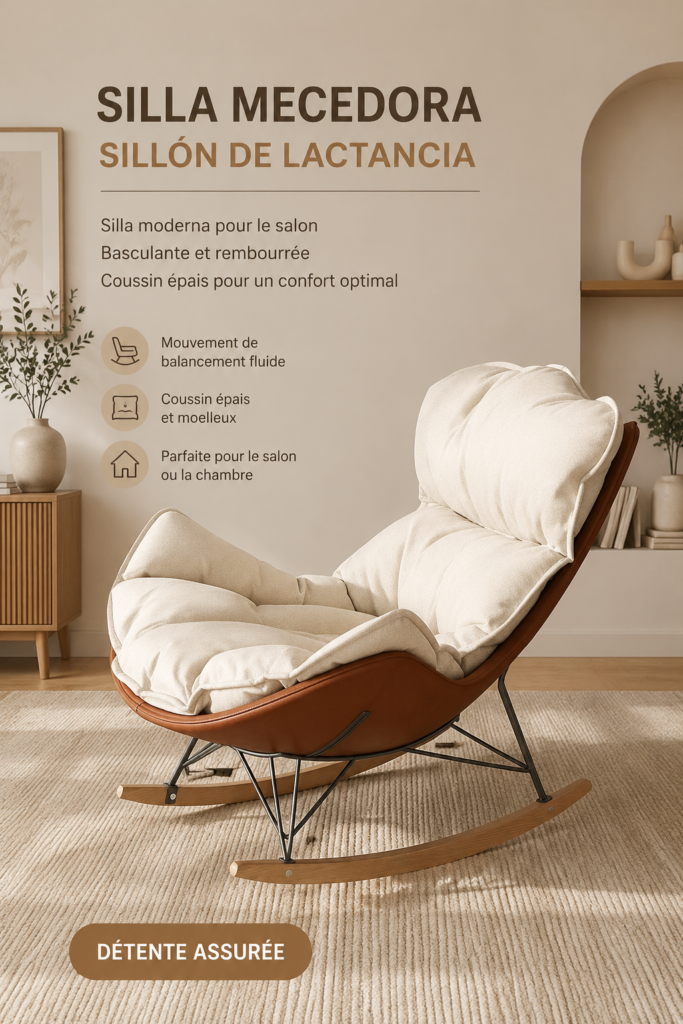 Chaise à bascule moderne en couleur beige et brun, parfait pour un salon chaleureux.