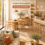 Cuisine scandinave lumineuse avec une salle à manger accueillante, décorée dans des tons clairs.