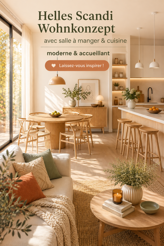 Cuisine scandinave lumineuse avec une salle à manger accueillante, décorée dans des tons clairs.