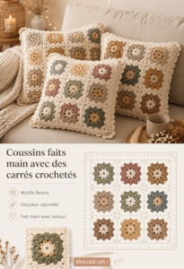 Coussin fait main avec des carrés en crochet dans un salon accueillant