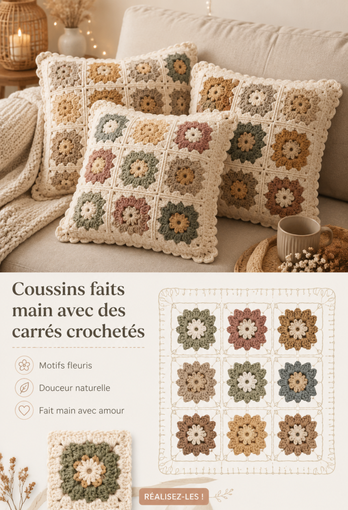 Coussin fait main avec des carrés en crochet dans un salon accueillant