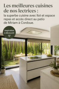 Cuisine moderne avec îlot et accès au patio, ambiance chaleureuse.
