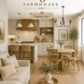 Cuisine intégrée dans un style farmhouse avec meubles en bois et éléments chaleureux.