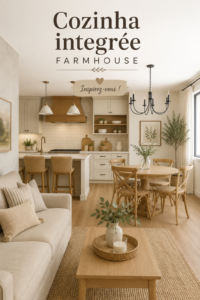 Cuisine intégrée dans un style farmhouse avec meubles en bois et éléments chaleureux.