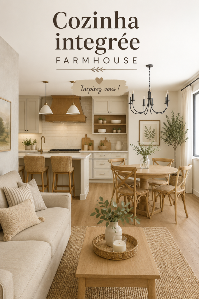 Cuisine intégrée dans un style farmhouse avec meubles en bois et éléments chaleureux.