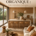 Un salon moderne et organique avec des éléments naturels et une ambiance chaleureuse.