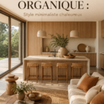 Un salon moderne et organique avec des éléments naturels et une ambiance chaleureuse.
