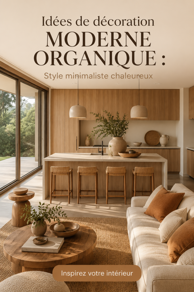 Un salon moderne et organique avec des éléments naturels et une ambiance chaleureuse.