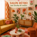 Salon coloré et éclectique avec des touches de décoration chaleureuses.
