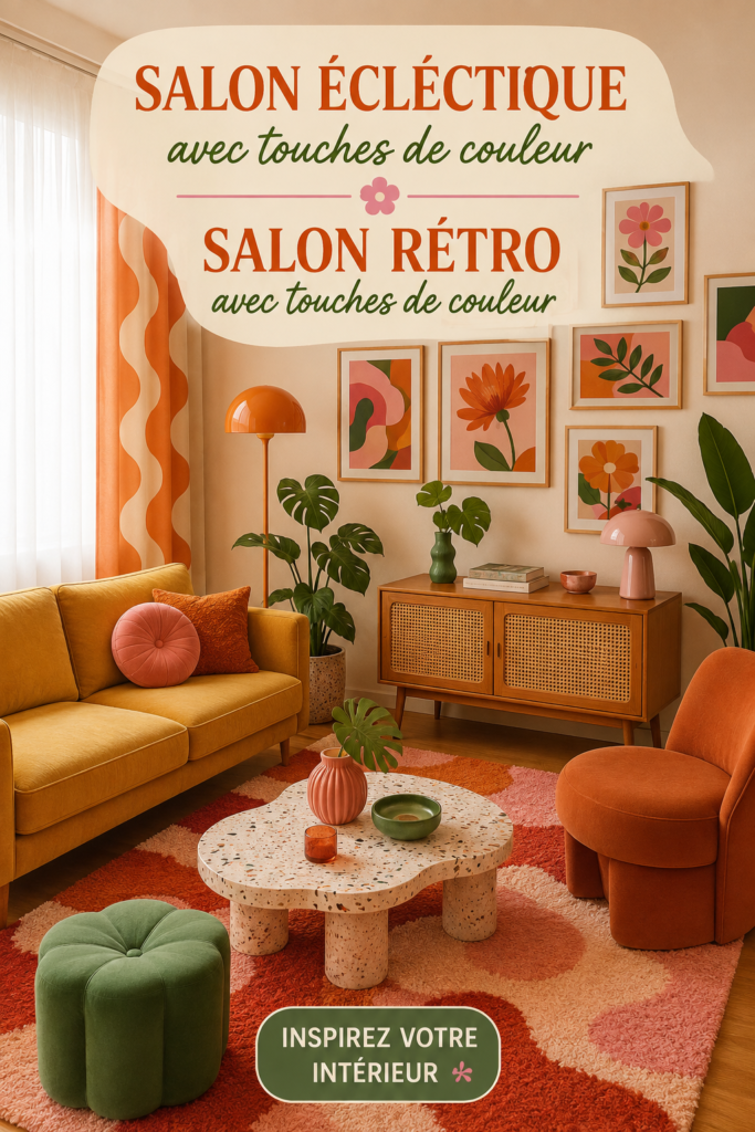 Salon coloré et éclectique avec des touches de décoration chaleureuses.