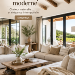 Salon moderne rustique avec des éléments en bois et des couleurs chaudes