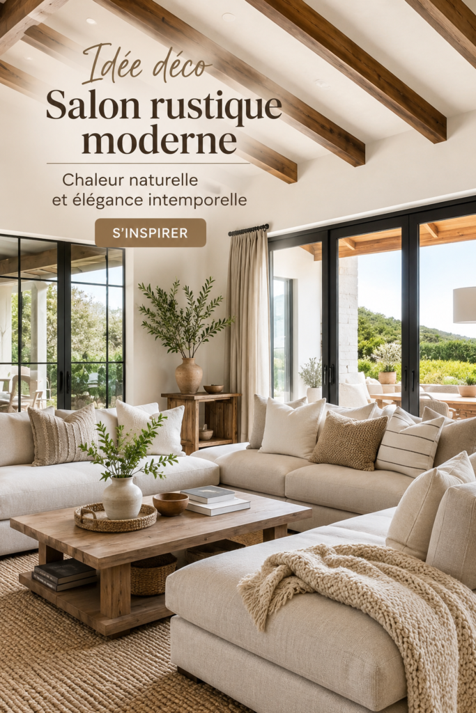 Salon moderne rustique avec des éléments en bois et des couleurs chaudes